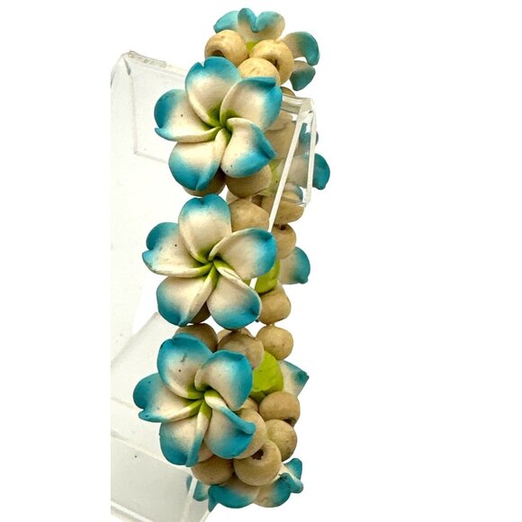 Hawaiian Blue Plumeria Flower Stretch Bracelet Handmade Fimo Wood Beads Aloha - Picture 3 of 7
